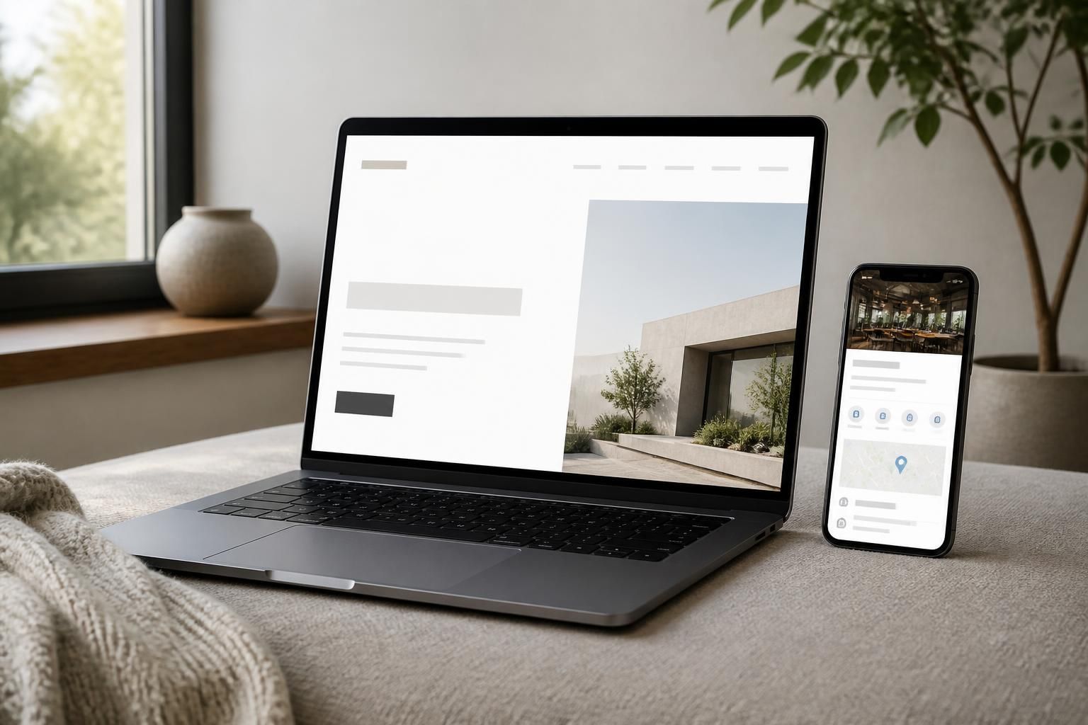 Modern workspace with website design on a laptop and business profile on a phone.