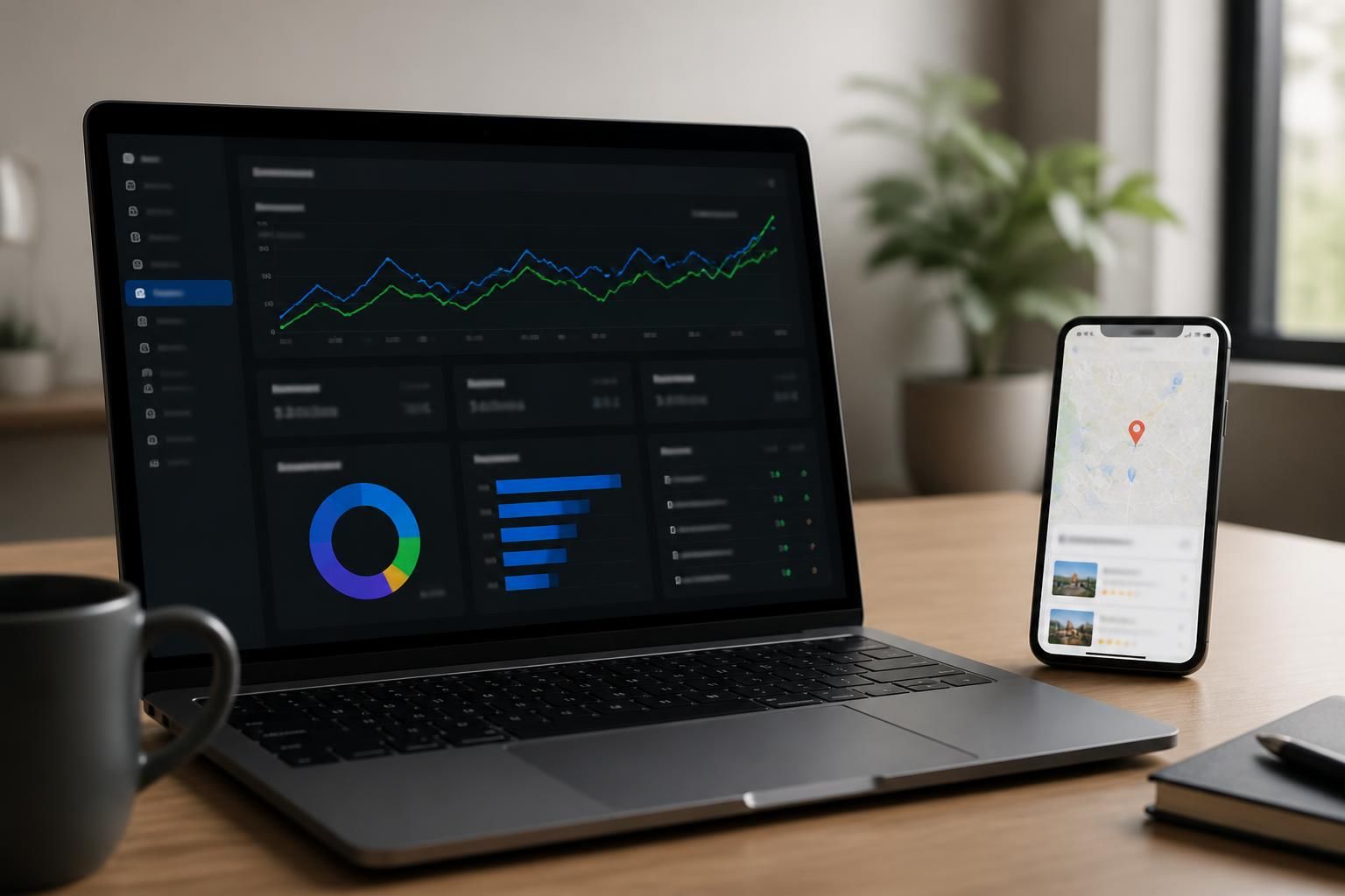 Laptop and phone showing business profile ranking and map listing visuals.