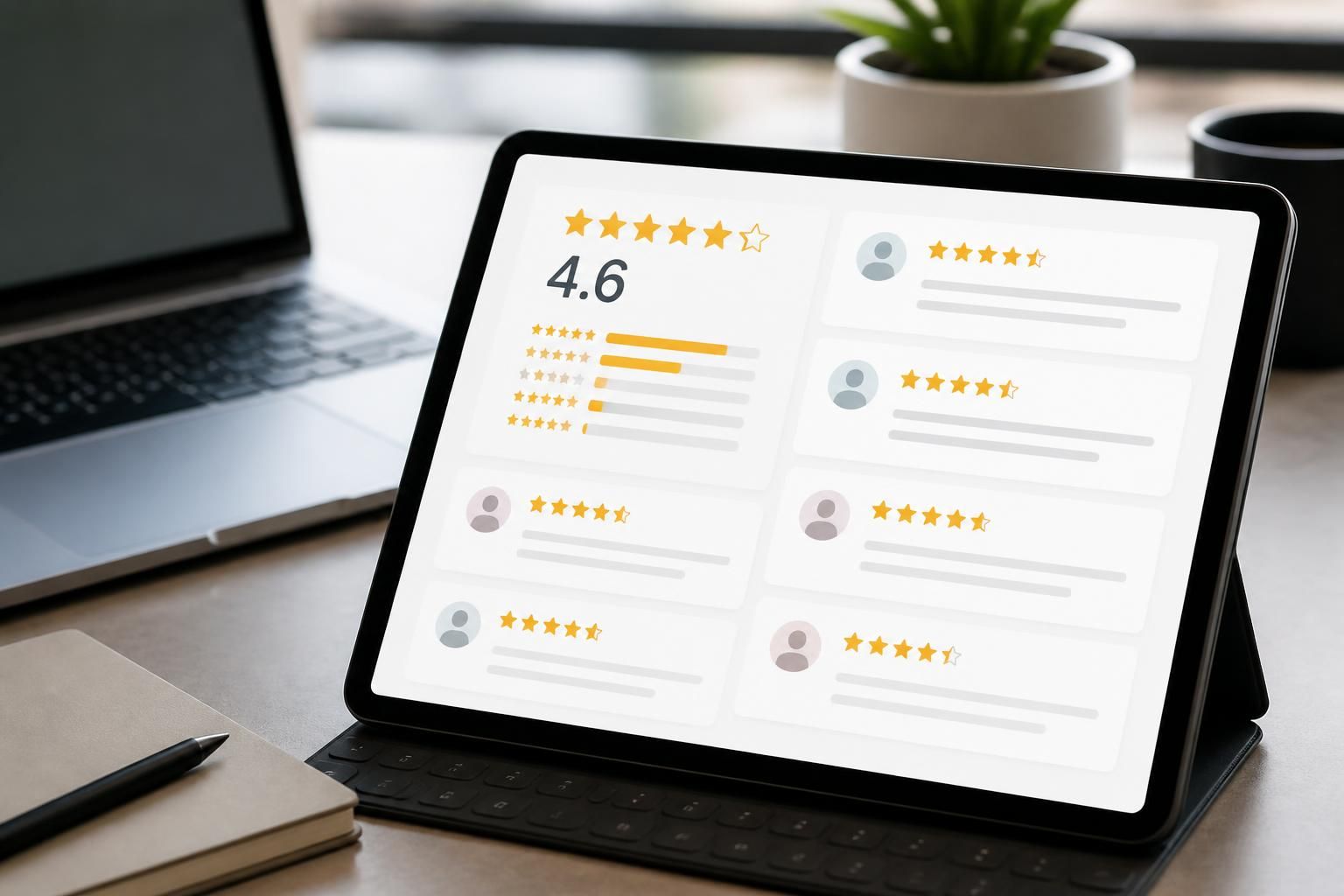 Tablet with review ratings and reputation management visuals.