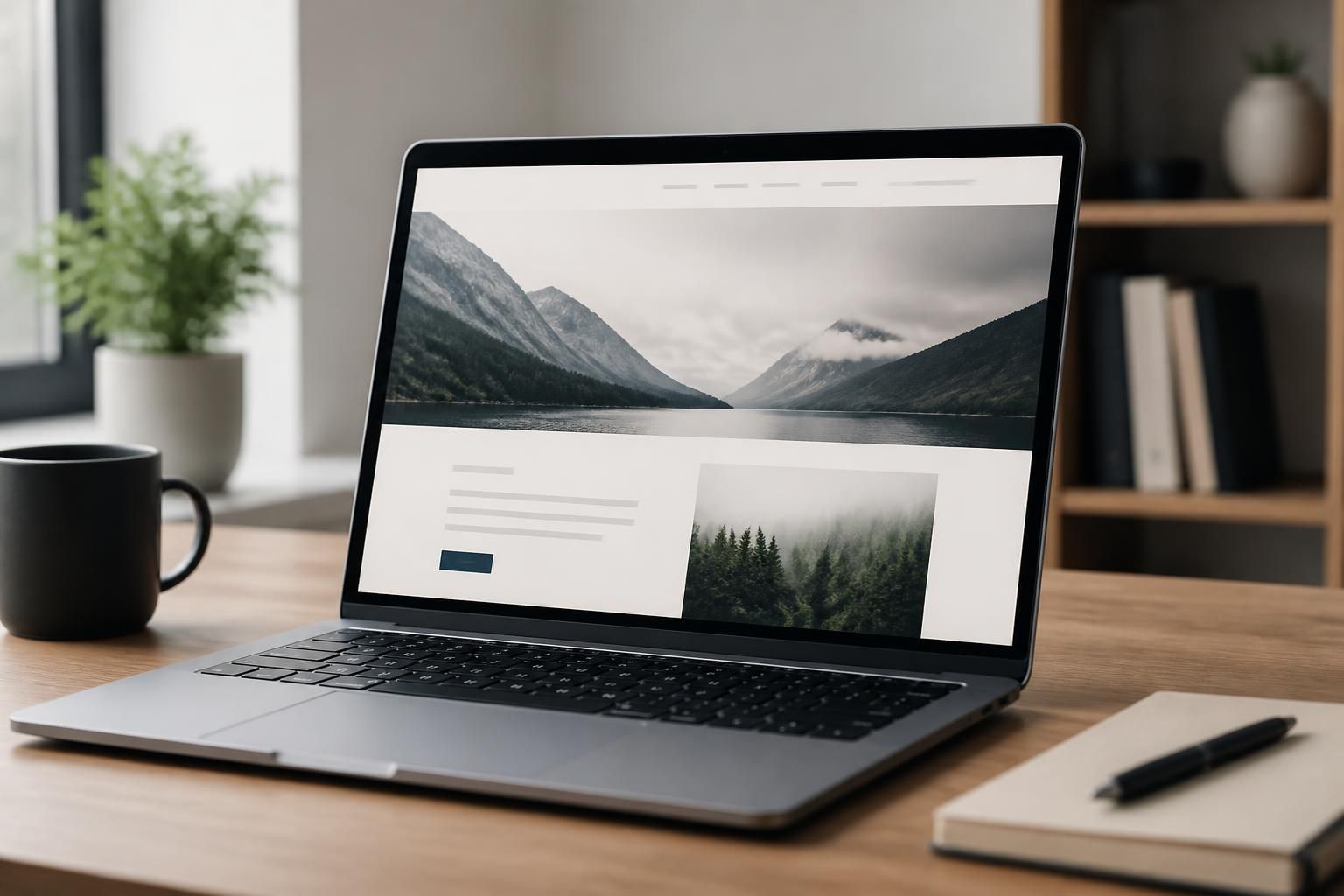 Laptop showing a finished website layout in a clean workspace.